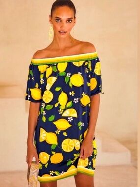 Trina Turk Off-Shoulder Lemon Print Dress Medium M